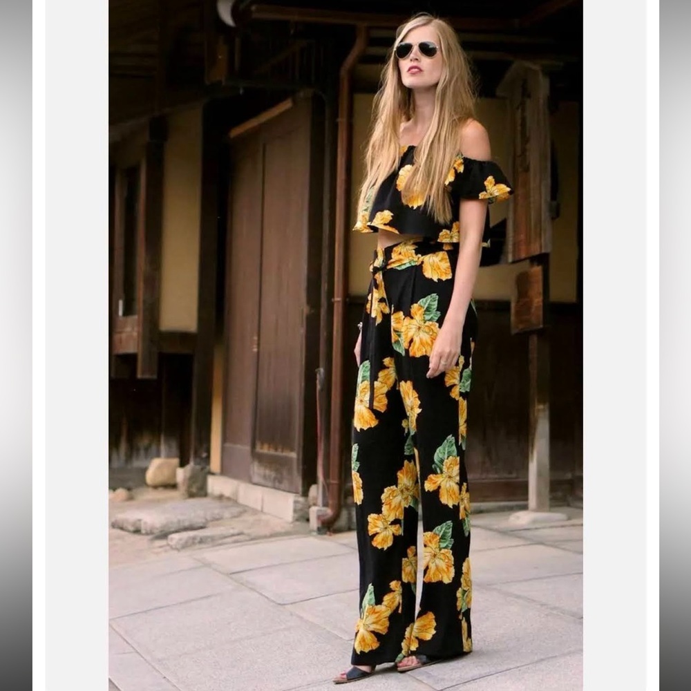 Zara set off shoulder crop top, high waist wide leg pants black yellow floral